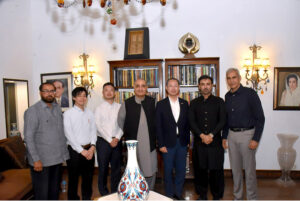 Japanese Ambassador to Pakistan, Akamatsu Shuichi photographed with MNA Ali Musa Gilani and members of the delegation at Gilani House. The meeting emphasized bilateral engagement, trade relations, and the exchange of technology in agriculture