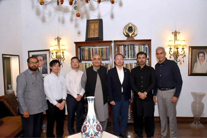 Japanese Ambassador to Pakistan, Akamatsu Shuichi photographed with MNA Ali Musa Gilani and members of the delegation at Gilani House. The meeting emphasized bilateral engagement, trade relations, and the exchange of technology in agriculture