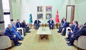 Prime Minister Muhammad Shehbaz Sharif being received by Minister of National Defense of Turkiye Yashar Guler upon arrival.
