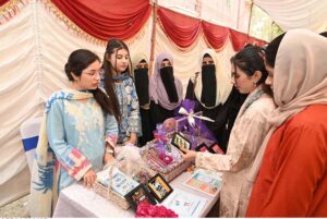 Vice Chancellor University of Sargodha Professor Dr. Qaiser Abbas visiting different stalls after inaugurating Second Annual CEO Forum Future Graduate Skills for Job Market organized by Malik Feroz Khan Noon Business school University of Sargodha