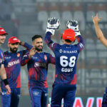 Islamabad United bowler Muhammad Nawaz with teammates celebrate the wicket of Multan Sultans batsman Yasir Khan during the PSL-X T20 cricket match between Multan Sultans and Islamabad United at the Multan Cricket Stadium