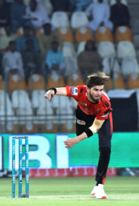 Lahore Qalandars bowler Shaheen Shah Afridi delivers a ball during the PSL-X T20 cricket match between Multan Sultans and Lahore Qalandars at the Multan Cricket Stadium.