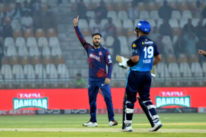 Islamabad United bowler Muhammad Nawaz with teammates celebrate the wicket of Multan Sultans batsman Yasir Khan during the PSL-X T20 cricket match between Multan Sultans and Islamabad United at the Multan Cricket Stadium