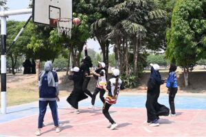 A view of Basket ball match played between Support Science Department and Zoology Department during Sports Gala held at University of Sargodha