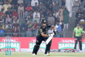 Peshawar Zalmi Player Muhammad Haris playing shot during the Pakistan Super League PSL-X T20 cricket match between Lahore Qalanders and Peshawar Zalmi at the Gaddafi Cricket Stadium