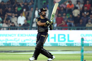 Peshawar Zalmi Player Muhammad Haris playing shot during the Pakistan Super League PSL-X T20 cricket match between Lahore Qalanders and Peshawar Zalmi at the Gaddafi Cricket Stadium