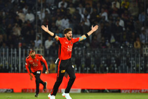 Lahore Qalandars' Shaheen Shah Afridi appealing for LBW of Islamabad United's batter Colin Munro during the Pakistan Super League (PSL) Twenty20 cricket match between Islamabad United and Lahore Qalandars' at the Rawalpindi Cricket Stadium
