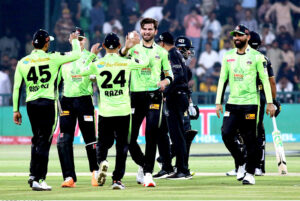 Peshawar Zalmi Player Muhammad Haris playing shot during the Pakistan Super League PSL-X T20 cricket match between Lahore Qalanders and Peshawar Zalmi at the Gaddafi Cricket Stadium