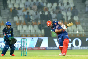 Islamabad United batter Andries Gous plays a shot during the PSL-X T20 cricket match between Multan Sultans and Islamabad United at the Multan Cricket Stadium