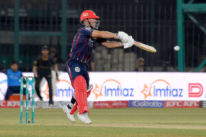 Peshawar zalmi Babar Azam plays a shot during the Pakistan Super League (PSL) Twenty20 cricket match between Karachi Kings and Peshawar zalmi at the National Stadium.