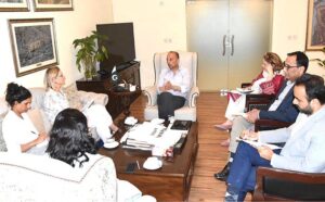 A two-member delegation of the United Kingdom, led by Jo Moir, Development Director at the British High Com-mission in Islamabad, calls on Senator Musadik Masood Malik, Federal Minister for Climate Change and Environ-mental Coordination