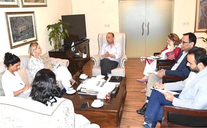 A two-member delegation of the United Kingdom, led by Jo Moir, Development Director at the British High Com-mission in Islamabad, calls on Senator Musadik Masood Malik, Federal Minister for Climate Change and Environ-mental Coordination