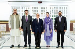 Prime Minister Muhammad Shehbaz Sharif in a group photo with the Chief Ministers of the four provinces of Pakistan, before the commencement of 52nd meeting of the Council of Common Interests