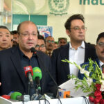 Provincial Minister for Trade and Industry Ch. Shafay Hussain talking to media at Expo Centre