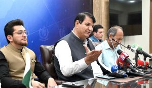 Federal Minister for Kashmir Affairs, Gilgit-Baltistan and SAFRON Engr. Amir Muqam addressing a press conference at PID.
