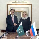 Chairman Senate Syed Yousuf Raza Gilani shakes hands with Ms. Valentina Matvienko, Chairperson of the Federation Council of the Russian Federation, during a bilateral meeting in Moscow, Russia