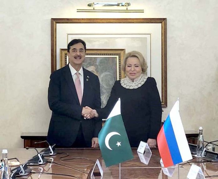 Chairman Senate Syed Yousuf Raza Gilani shakes hands with Ms. Valentina Matvienko, Chairperson of the Federation Council of the Russian Federation, during a bilateral meeting in Moscow, Russia