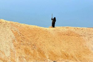 A labourer works on top of a large pile of wheat husk on the outskirts of the city