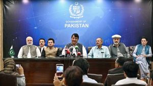 Federal Minister for Kashmir Affairs, Gilgit-Baltistan and SAFRON Engr. Amir Muqam addressing a press conference at PID.
