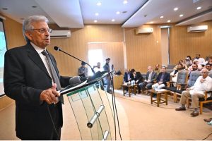 Federal Minister for National Food Security and Research, Rana Tanveer Hussain cuts the ribbon during the opening ceremony of the workshop on "Innovating the Olive Value Chain: Startups, Entrepreneurship & Opportunities", organized under Phase-II of the Promotion of Olive Cultivation on Commercial Scale project by the Ministry of National Food Security & Research at SZABIST