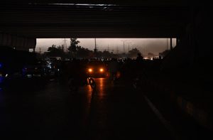 Due to dense clouds, the day presents a night-like scene in the Federal Capital.