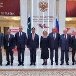 Chairman Senate Syed Yousuf Raza Gilani poses for a group photo with Ms. Valentina Matvienko, Chairperson of the Federation Council of the Russian Federation, during his official visit to Moscow, Russia