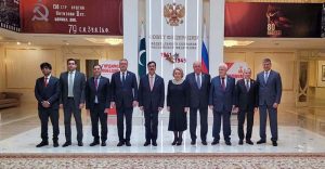 Chairman Senate Syed Yousuf Raza Gilani poses for a group photo with Ms. Valentina Matvienko, Chairperson of the Federation Council of the Russian Federation, during his official visit to Moscow, Russia