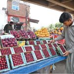 A vendor arranging and displaying seasonal fruits to attract the customers near Kheam Chowk