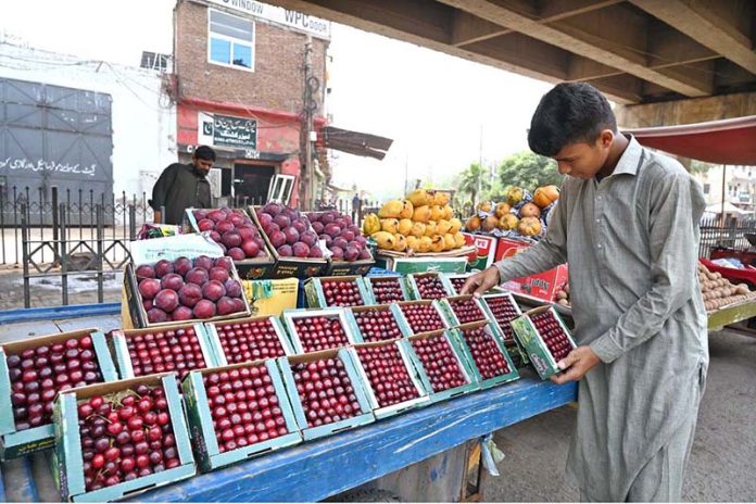 A vendor arranging and displaying seasonal fruits to attract the customers near Kheam Chowk