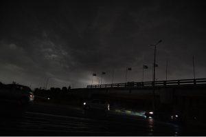 Due to dense clouds, the day presents a night-like scene in the Federal Capital.