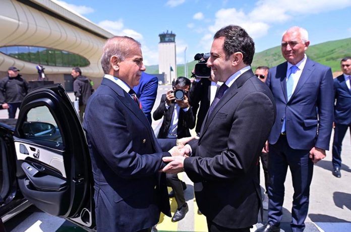 Prime Minister Muhammad Shehbaz Sharif is being seen off by Deputy Foreign Minister of Azerbaijan Mr. Elnur Mammadov at Lachin International Airport