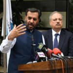 Federal Minister for Health Mustafa Kamal addressing a press conference at Pakistan Medical Dental Council Office, G-10/4
