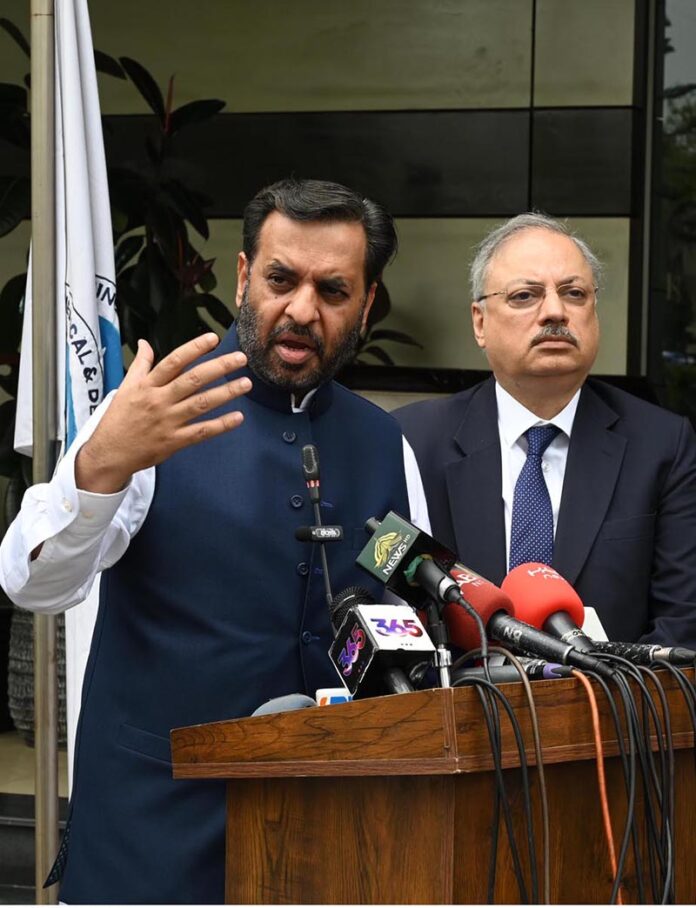 Federal Minister for Health Mustafa Kamal addressing a press conference at Pakistan Medical Dental Council Office, G-10/4