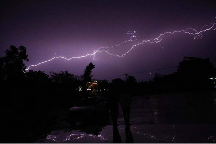 A view of lightning during a late-night thunderstorm in the city