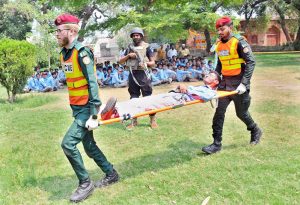 Rescue 1122, Civil Defence and Police conducting mock exercise in the school in case of war situation to counter any emergency situation