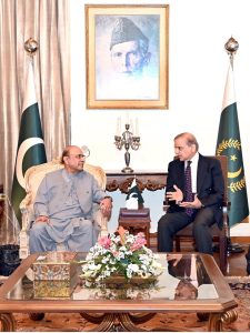 Prime Minister Muhammad Shehbaz Sharif calls on President Asif Ali Zardari at Aiwan-e-Sadr.