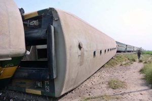 Workers of Pakistan Railways are busy repairing the railway track after the Shalimar Express passenger train collided with a bricks-loaded tractor trolley near RB-142 Choti Ghartal, Sahianwala Interchange near Chak Jhumra
