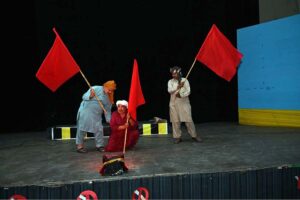 Artists performing in drama titled' Mazdoor Kahani' on the eve of Labour Day organized by Sargodha Arts Council