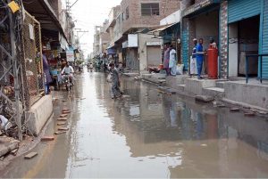 A view of sewerage water accumulated on Jamilaabad Chowk needs attention to the concerned authorities