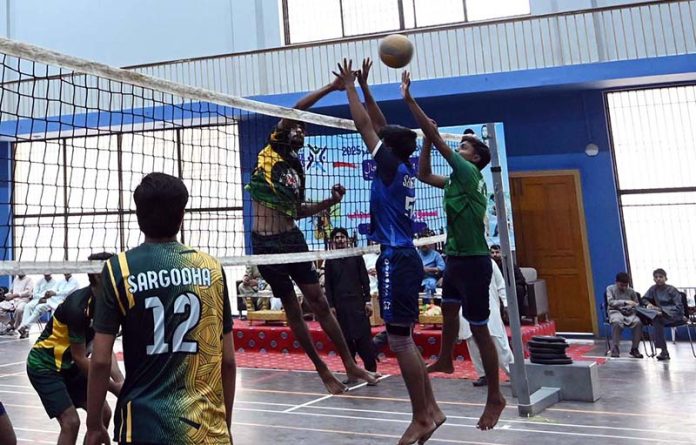 Players appear in volleyball trials during the Summer Games 2025, organized by the District Sports Department under the directives of the Chief Minister of Punjab at the Sports Gymnasium