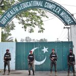 Security officials standing high alert outside the Government Health and Educational Complex, about 30 kilometers from Lahore, following Indian airstrikes