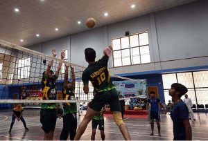 Players appear in volleyball trials during the Summer Games 2025, organized by the District Sports Department under the directives of the Chief Minister of Punjab at the Sports Gymnasium