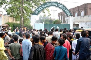 Security officials standing high alert outside the Government Health and Educational Complex, about 30 kilometers from Lahore, following Indian airstrikes