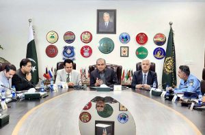 Federal Minister for Interior Mohsin Naqvi chairing a high-level meeting.
