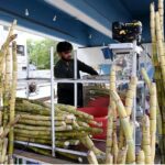 A vendor extracting sugarcane juice for customers at his roadside setup near Sheikh Zaid Hospital, The demand for sugarcane juice increases due to the intense heat