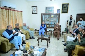 Prime Minister Muhammad Shehbaz Sharif visits the residence of Amir e Jamiat Ahl e Hadees Senator Professor Sajid Mir to offer condolences upon his demise