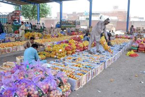 Labourers sort fresh tomatoes for packing into wooden crates at a vegetable market, ready for shipment to regional markets