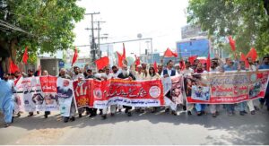 Pakistan Mazdoor Mahaz Punjab President Doctor Ali Amin and Labour Wing President M. M. Atif Advocate leading a Labour Day Rally from TMA Chowk to District Press Club
