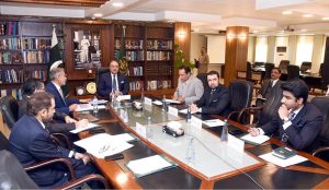 Finance Minister Senator Muhammad Aurangzeb engaging with leading exporters and businessmen led by Mr. Shabbir Diwan on driving export-led growth and policy reforms in federal capital