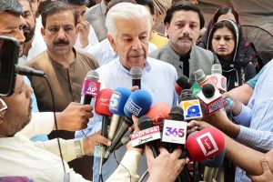 Defense Minister Khawaja Muhammad Asif pays tribute to the Pakistani army’s brilliant victory in the war with India during his address to the media.